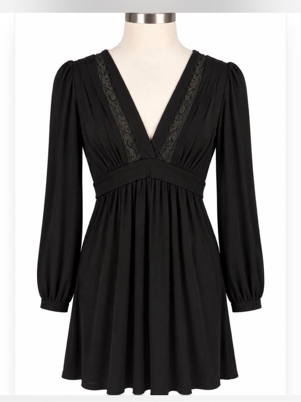 BCBGMaxAzria Black V-Neck Long Sleeve Mini Dress with Lace Trim